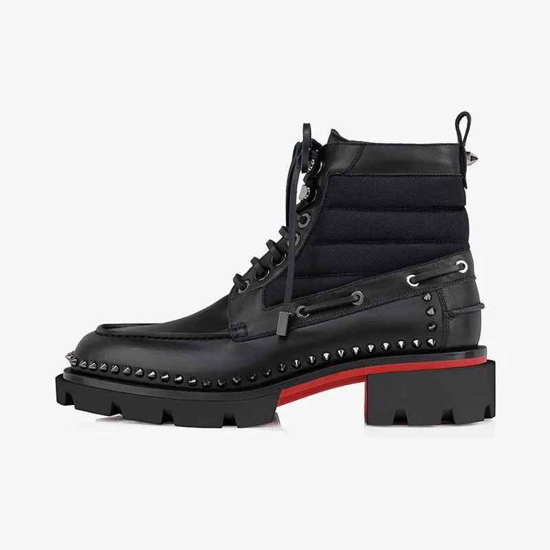 Black Leather Lace-Up Spikes Boot