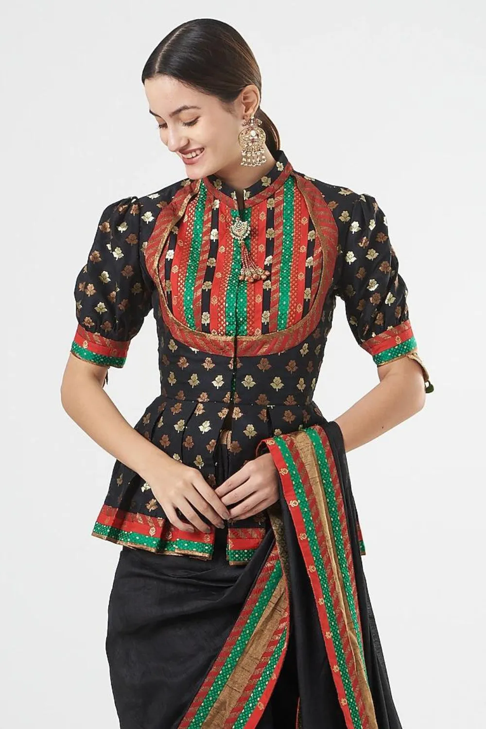 Black Pure Silk Tassels Embroidered Saree Set