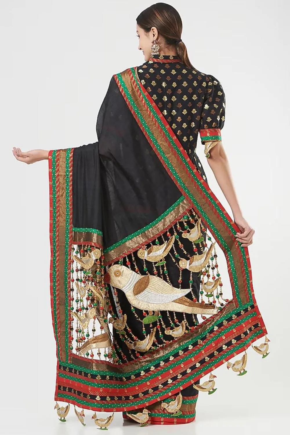 Black Pure Silk Tassels Embroidered Saree Set