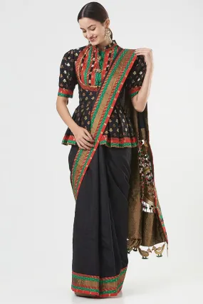 Black Pure Silk Tassels Embroidered Saree Set