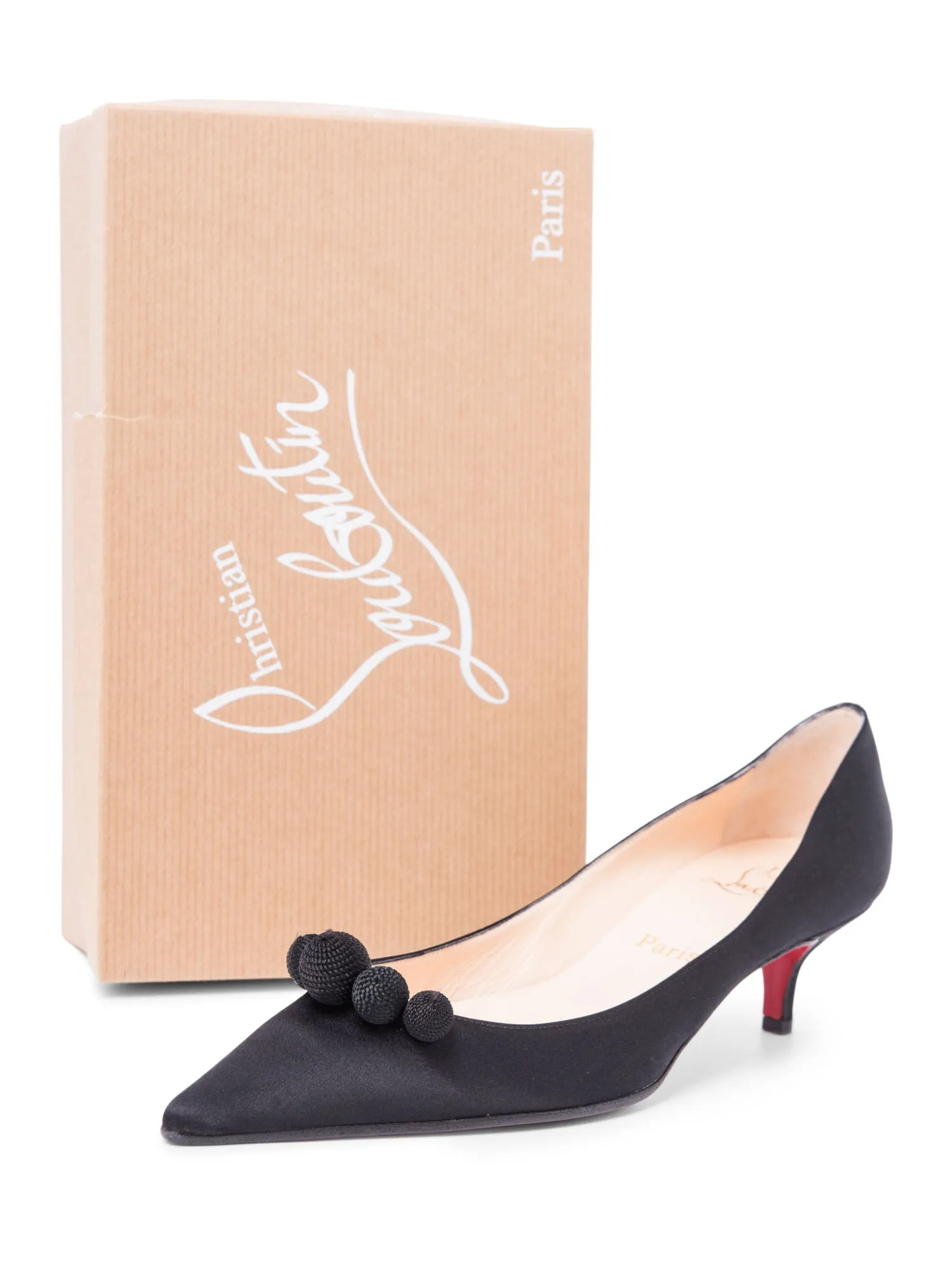Christian Louboutin Silk Embellished Kitten Heel Shoes Black