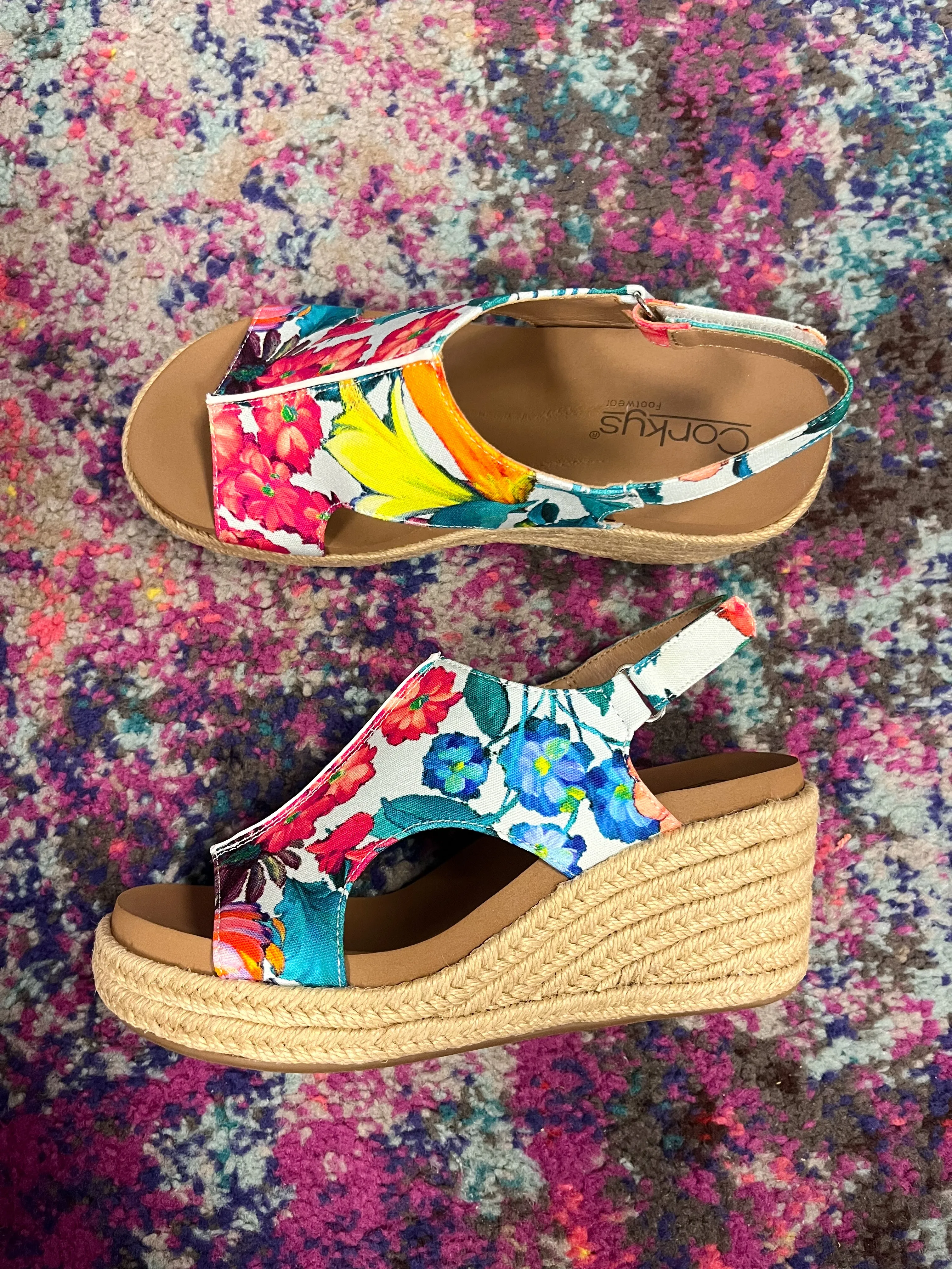 Corky's Carley Wedge White Multi Floral Jute