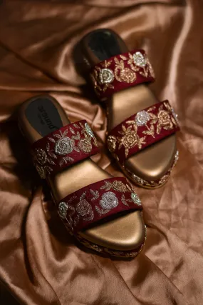 Embroidered Maroon Wedges
