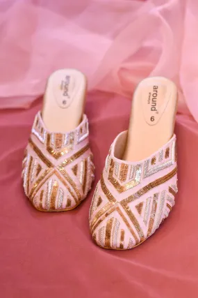 Poly Silk & Rexine Embroidered Square-Toe Mule Rose Gold Heels
