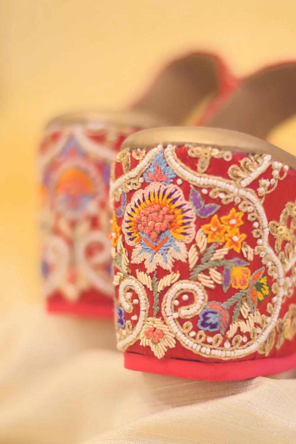 Red Poly Silk & Rexine Hand Embellishments Heels