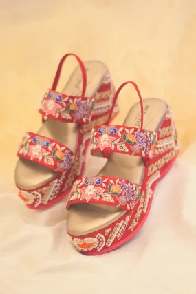Red Poly Silk & Rexine Hand Embellishments Heels