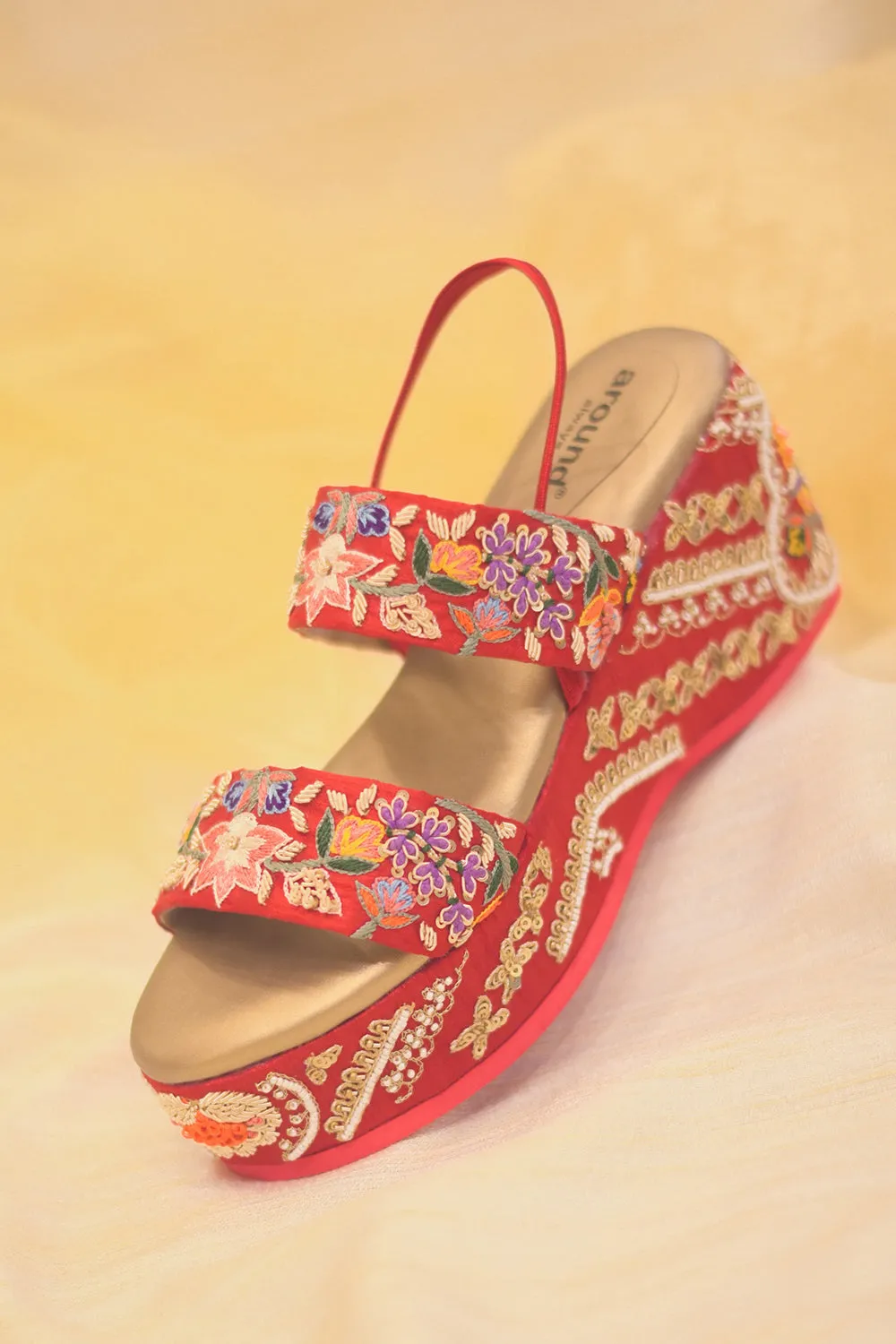 Red Poly Silk & Rexine Hand Embellishments Heels